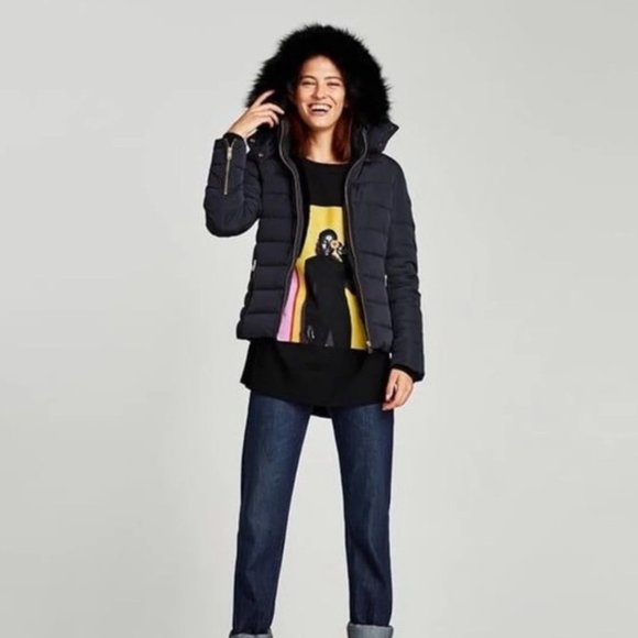 Zara Quilted Down Puffer Jacket with Faux Fur Textured Hood Navy & Gold - Picture 2 of 13